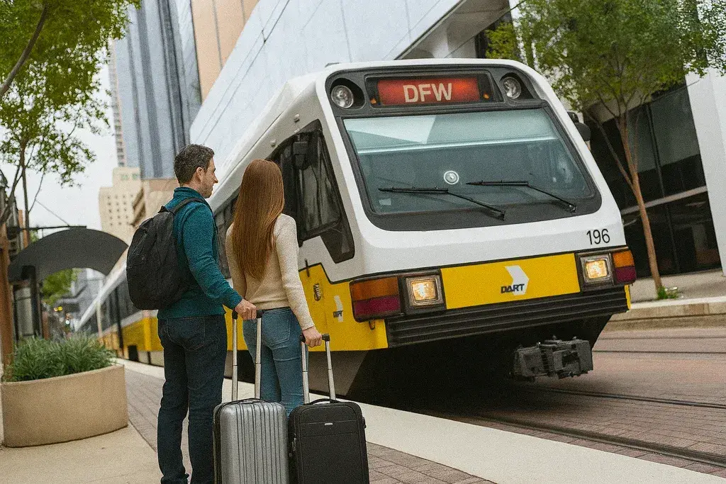 A couple with luggage waiting to board a DART light rail train heading to Dallas Fort Worth Airport, standing on the sidewalk in an urban downtown setting