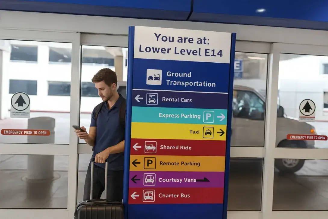 Traveler with backpack and rolling suitcase checking phone next to Ground Transportation sign at Lower Level E14 of an airport