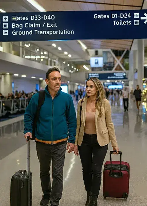 A couple walking with carry-on luggage at DFW airport public area