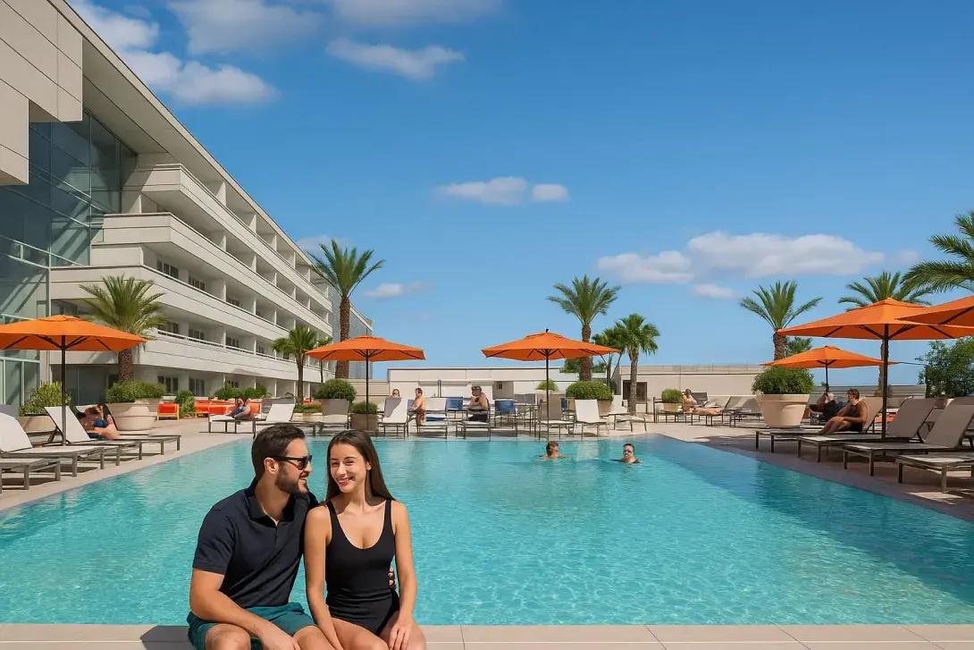 A couple enjoying the pool at the Grand Hyatt DFW Airport nearby and other guests relaxing in the background.