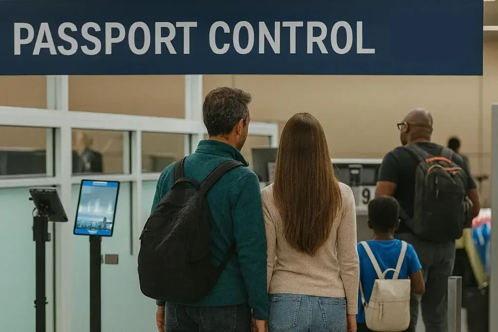 A couple waiting in line at Passport Control inside Dallas Fort Worth Airport, standing behind a kiosk under a sign reading Passport Control.