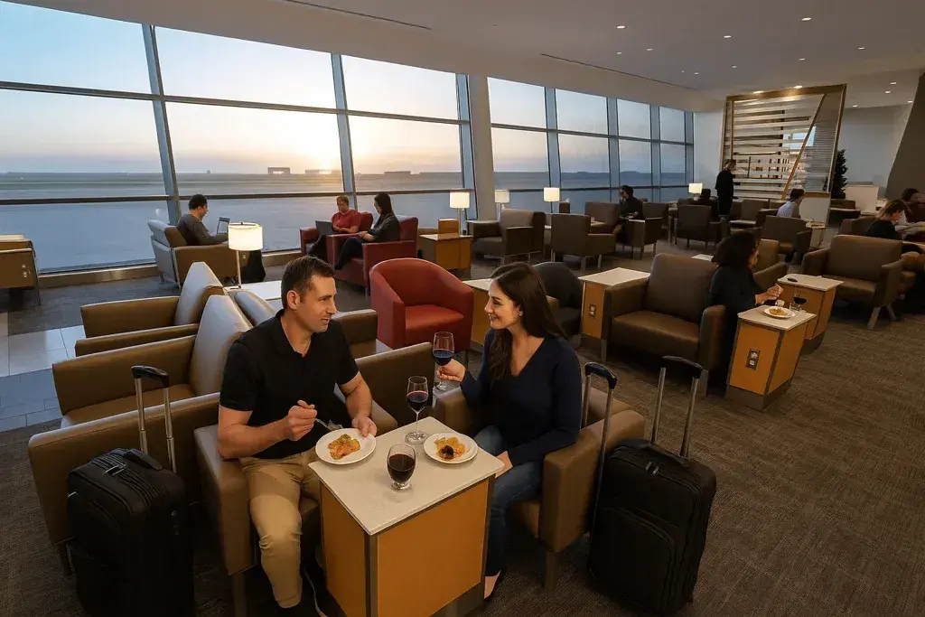 Couple seated in the American Airlines Flagship Lounge at Dallas Fort Worth Airport, enjoying wine and small plates with carry-on luggage nearby at sunset