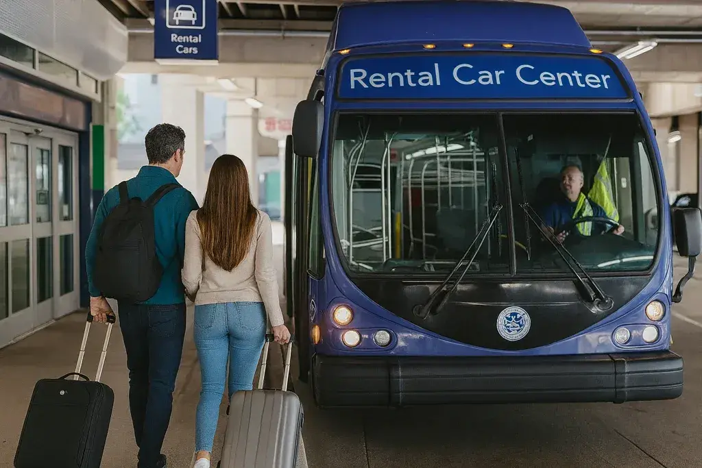 A couple with rolling suitcases boarding a blue Rental Car Center shuttle bus at Dallas Fort Worth Airport.