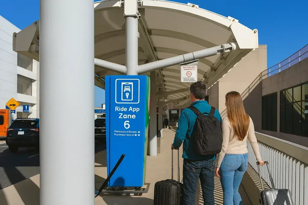 A couple with suitcases standing at Ride App Zone 6 at Dallas Fort Worth Airport, waiting under a white canopy on a sunny day