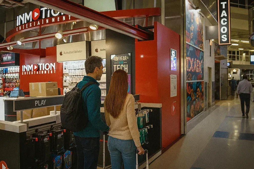 A couple with carry-on luggage standing inside the Dallas Fort Worth Airport terminal, looking at nearby shops