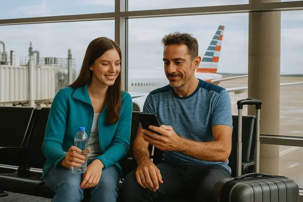 Middle-aged man and young woman sitting at Dallas airport terminal, looking at a phone together with carry-on luggage and an American Airlines plane in the background