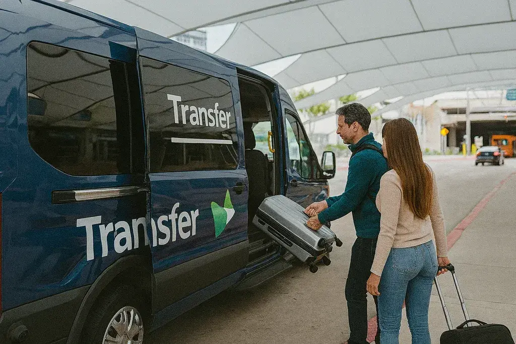 A couple loading their luggage into a Transfer van at the curbside of Dallas Fort Worth Airport, beneath a modern white canopy